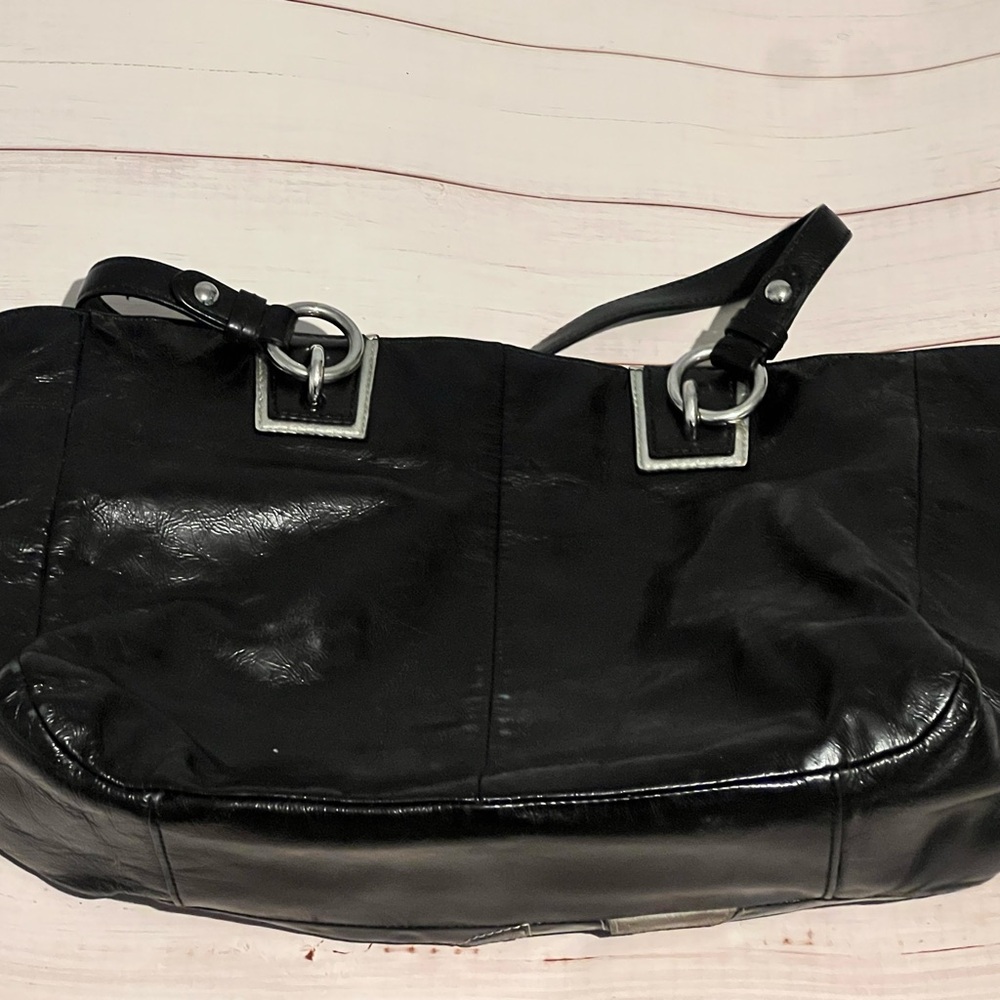 COACH Leather Inlaid Tote Shoulder Bag 17127 Black Grey Patent Leather Shopper - Picture 2 of 4